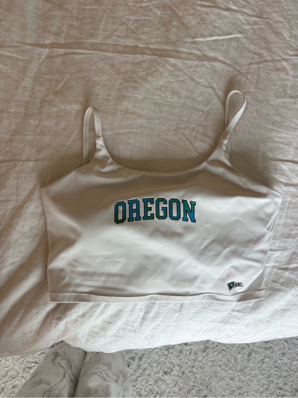 OREGON White Crop Tank Top with Green and Blue Logo
